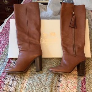 Coach Therese riding boot -tan knee high boot with tassel zipper